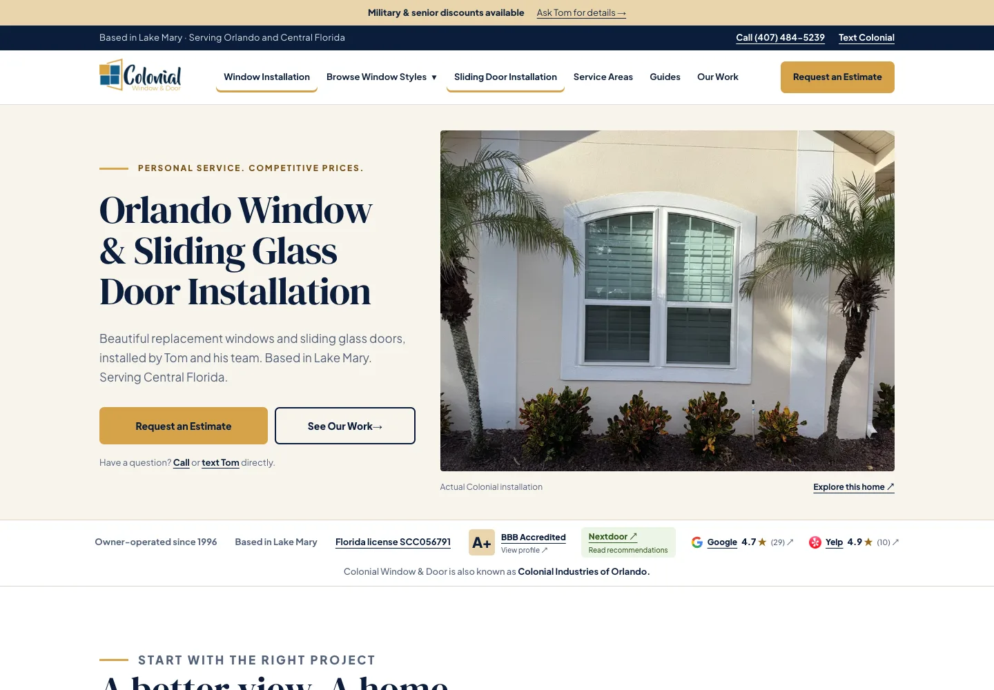 Desktop website design for Colonial Window & Door