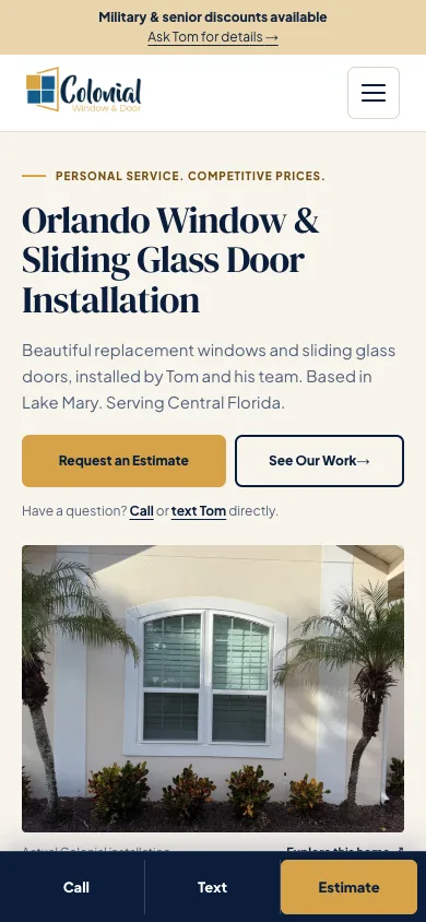 Mobile website design for Colonial Window & Door