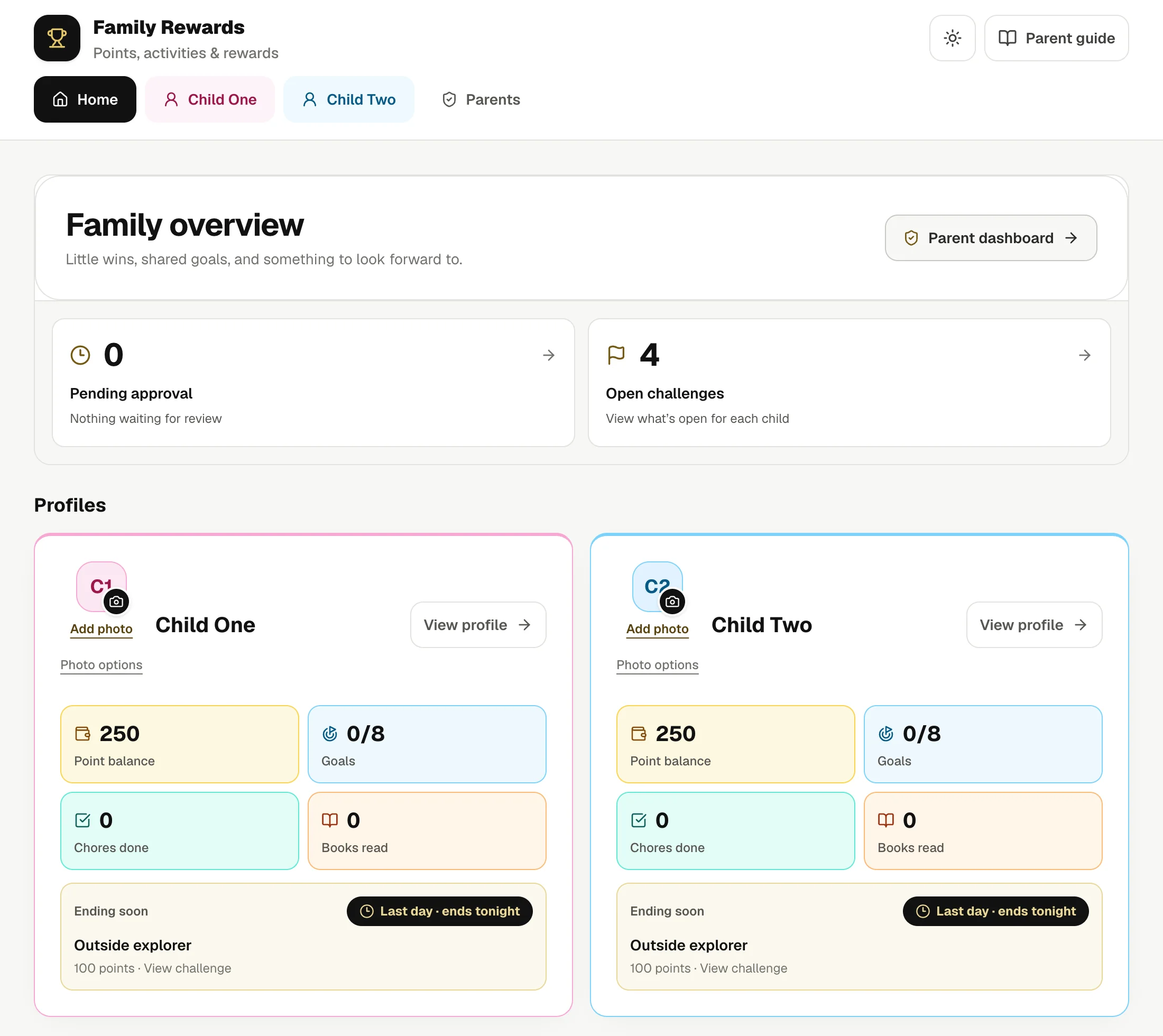 Family Rewards dashboard with pink and blue sample profiles, color-coded activity cards, points and challenges.