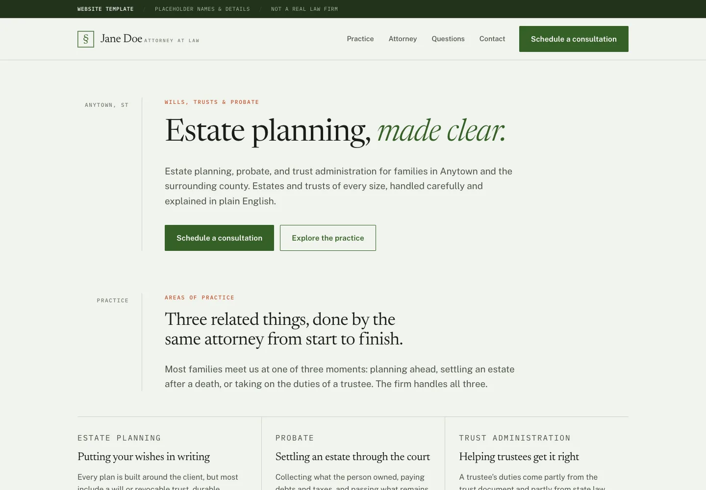 Desktop website design for Estate law, editorial
