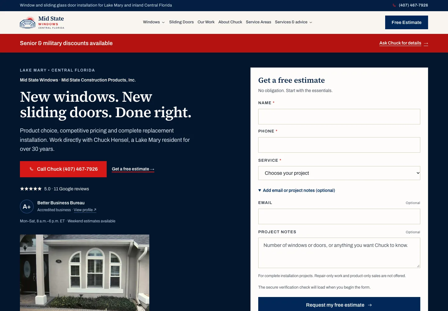 Desktop website design for Mid State Windows