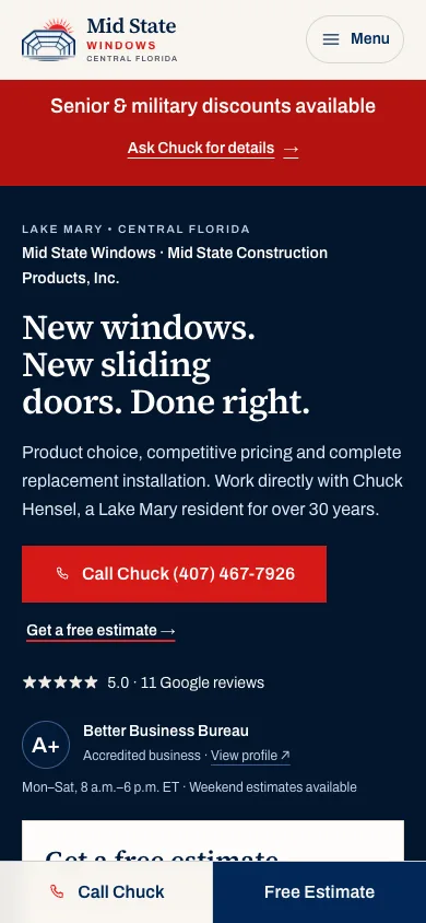 Mobile website design for Mid State Windows